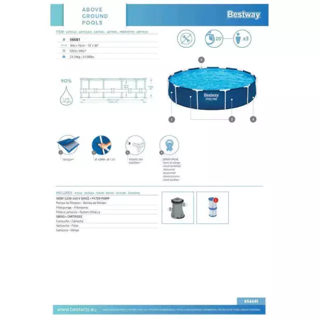 Piscina Bestway Redonda Steel Pro con filtro 3.66MX76Cm Azul